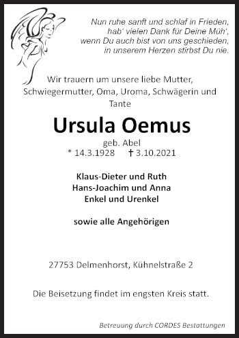 Traueranzeigen Von Ursula Oemus Noz Trauerportal