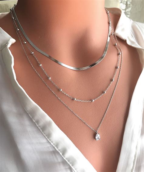 Sterling Silver Layered Necklace Set Layering Necklaces Harringbone