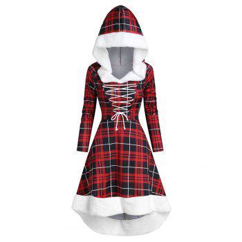 32 OFF 2024 Plaid Faux Fur Insert Hooded Lace Up High Low Dress In