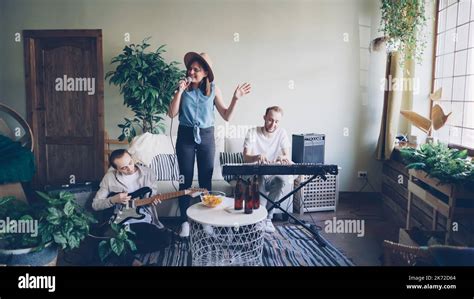 Pretty Blonde Vocalist From Popular Musical Band Is Singing And Dancing