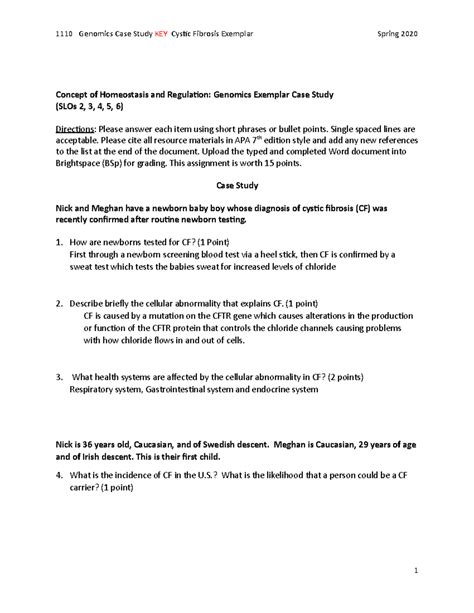 Cystic Fibrosis Case Study Concept Of Homeostasis And Regulation