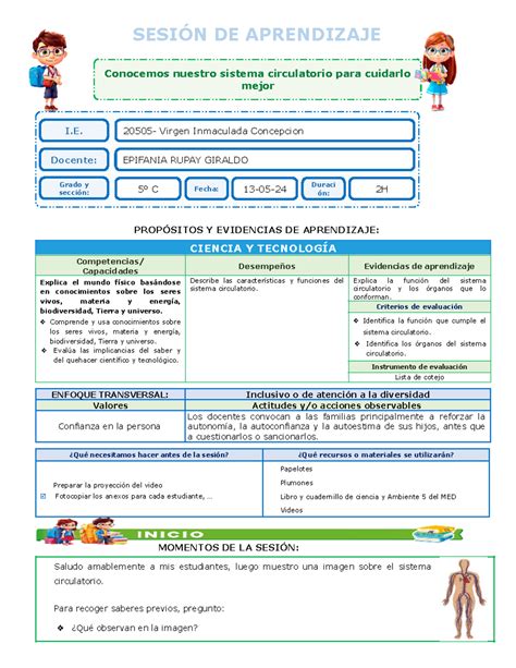 C T Sistema Circulatorio Sesi N De Aprendizaje Prop Sitos Y