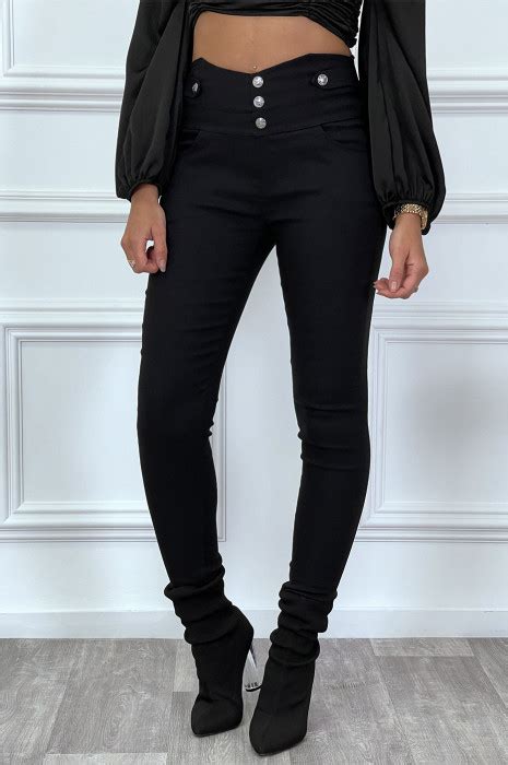 Pantalon Slim Noir Taille Haute Avec Boutons Et Poches