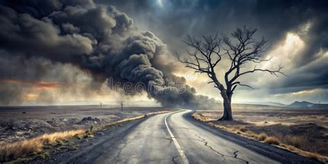 solitary tree stands   cracked asphalt road leading