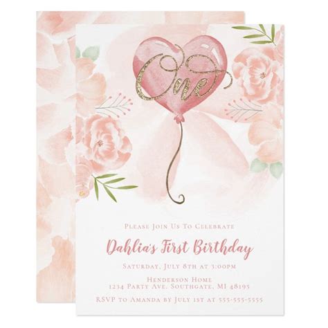 Floral Balloon First Birthday Invitation Zazzle