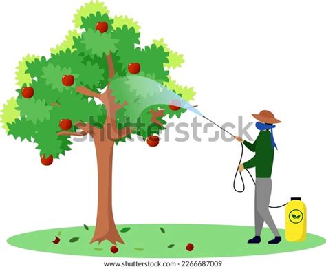 Farmer Sprays Insecticide Apple Orchard Fieldsm Stock Vector Royalty