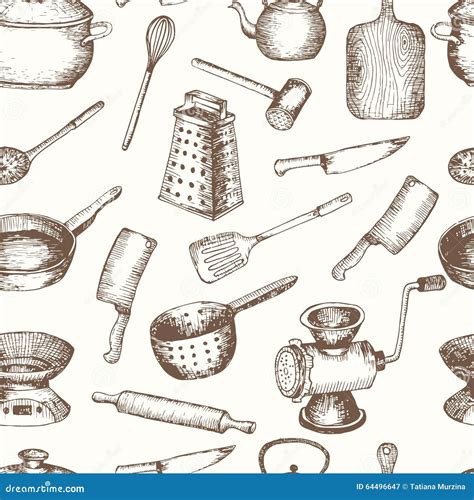 Vector Hand Drawn Kitchen Tools Seamless Pattern Stock Illustration