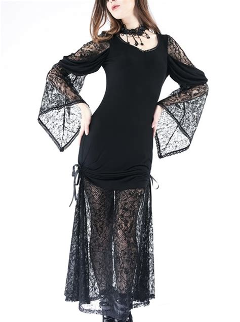 Gothic V Collar Knitted Black Lace Sexy Long Sleeve Dress Magic Wardrobes