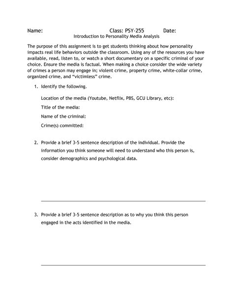 Introduction To Personality Media Analysis Worksheet Name Class Psy