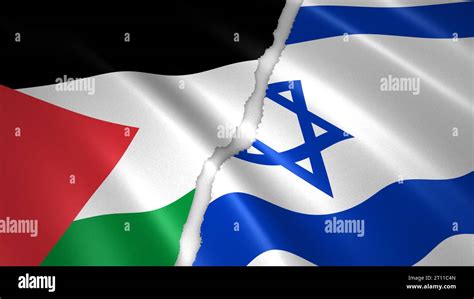 3D Illustration Of A Torn Israeli And Palestinian Flag Symbol Of The