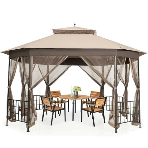 Clihome 12 Ft X 10 Ft Patio Gazebo Octagon Brown Metal Polyester Roof Semi Permanent Gazebo With