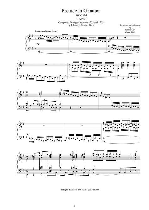 Bach Prelude In G Major Bwv For Piano Arr Santino Cara Sheet