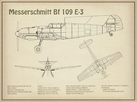 Messerschmitt Bf 109 E-3 - Airplane Blueprint. Drawing Plans for the ...