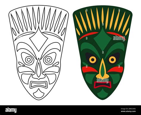 Tribal african masks, color and outline masks isolated on white ...