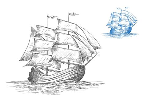 Esboço Do Navio De Navigação Sob a Vela Completa Ilustração do Vetor