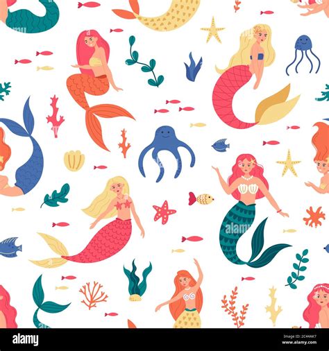 Mermaids Marine Pattern Seamless Cute Mermaids Underwater Fairy Tale