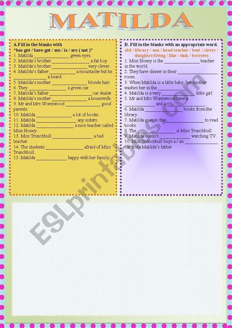 Matilda By Roald Dahl Esl Worksheet By Fbasun