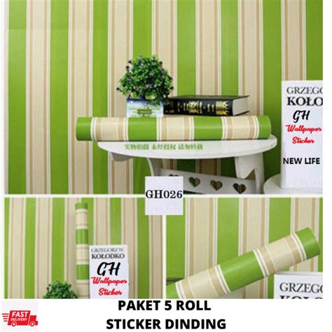 Paket 5 Roll Wallpaper Dinding Sticker Dinding Salur Hijau Wallpaper