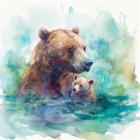 Premium Ai Image A Watercolor Painting Of Two Bears In Water