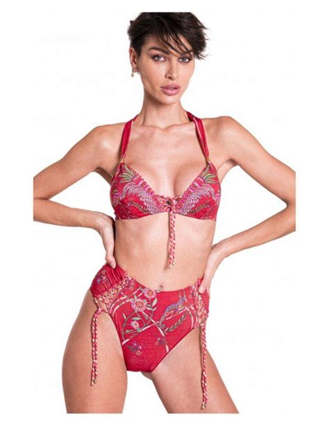 Bikini Donna Pin Up Stars Fondo Rosso Con Stampa Camaleonte Floreale