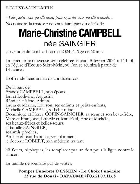 Madame Marie Christine CAMPBELL née SAINGIER Pompes Funèbres Dessein