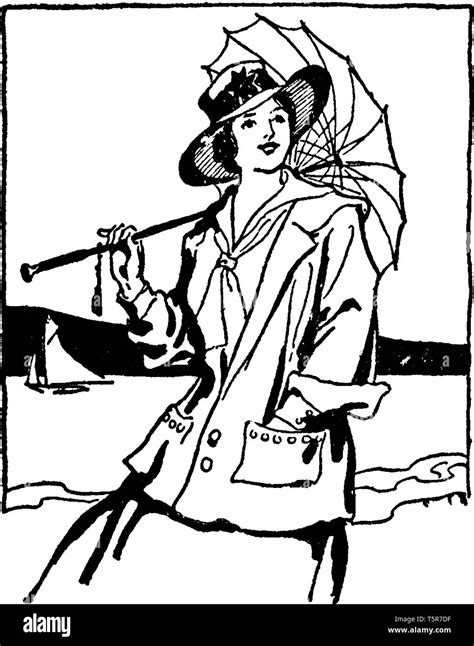 A Woman Wearing Raincoat And Holding Umbrella Vintage Line Drawing Or