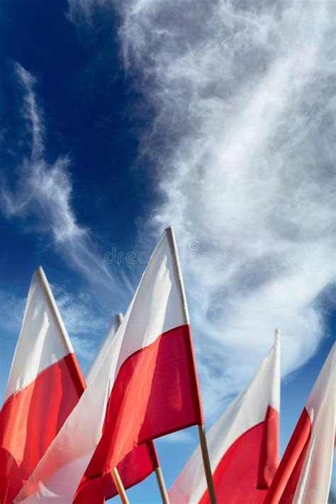 Waving National Flags Of Poland In The Summer Wind Against A Background