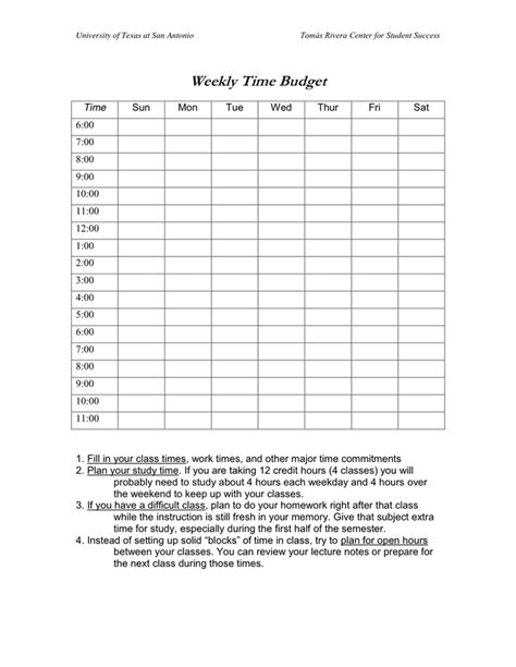 Weekly Time Budget in Word and Pdf formats