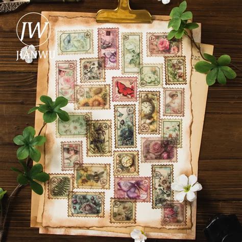 JIANWU 40 Sheets Letters To Flowers Series Vintage Floral Stamp Decor