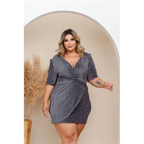 Vestido Plus Size Transpassado Branco Brilho Lurex Festa Tamanho Grande