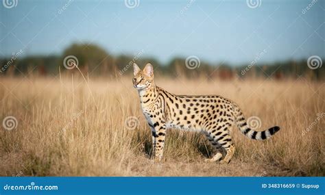 graceful african serval cat  open savannah grasslands stock image
