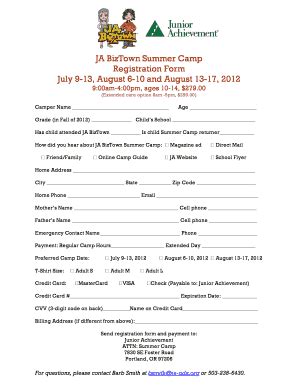 Fillable Online Jaorswwa JA BizTown Summer Camp Registration Form July