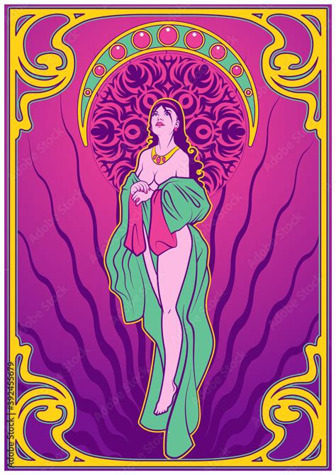 Art Nouveau Style Poster Psychedelic Art Poster Woman And Decorative Frame Vector De Stock