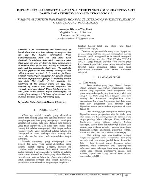 Implementasi Algoritma K Means Untuk Pengelompokkan Penyakit