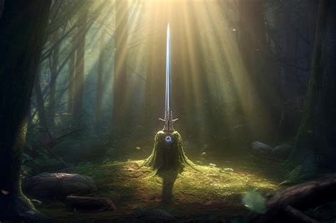 Premium AI Image Excalibur Sword In The Stone With Light Rays In A Dark