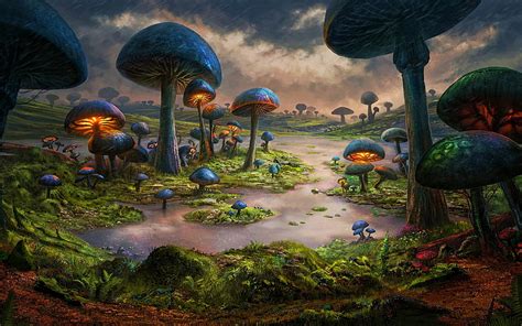 Fantastic Forest 3d Art Mushrooms Valley River Fantasy Landscapes Hd Wallpaper Peakpx