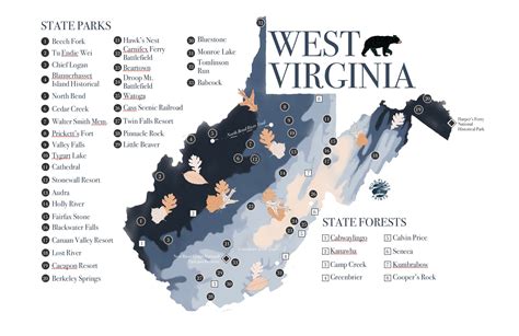 West Virginia State Parks Map, with State Forests and Trails