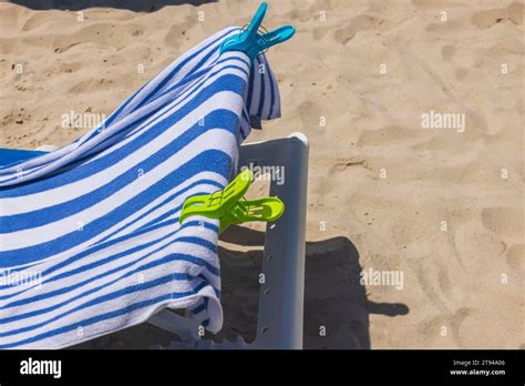 Close Up Of Miami S Sandy Beach With Sun Loungers Each Topped With