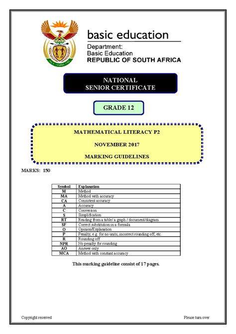 Mathematical Literacy P2 Nov 2017 Memo Eng MARKS 150 Symbol