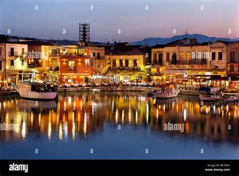 The old Venetian harbor of Rethymno town around the "blue" hour. Crete ...