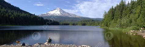 Fondo Lago Trillium Y Mt Hood Panorama Oregon Nieve Flora Parques