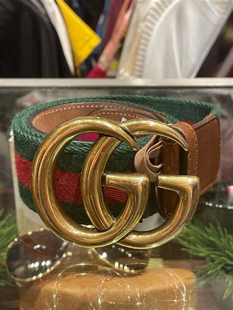 Gucci Red And Green Canvas Stripe W Brass Buckle Belt  Gem