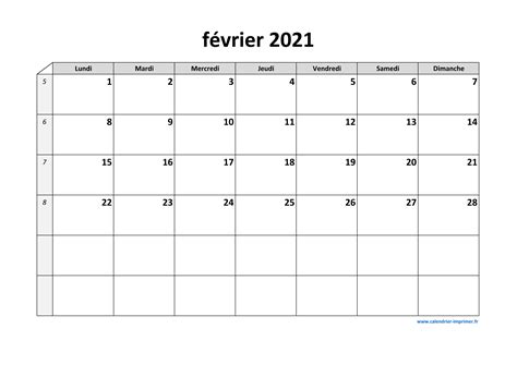 Calendrier Février 2021 à imprimer