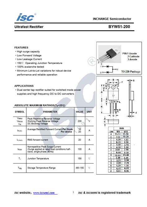 BYW51 200 Datasheet PDF Ultrafast Rectifier