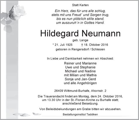 Traueranzeigen Von Hildegard Neumann Nordwest Trauer De