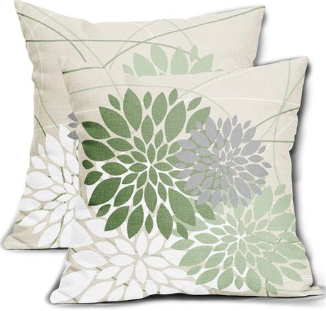 Sage Green White Pillow Covers 18x18 Inch Set Of 2 Dahlia Floral Decorative Throw