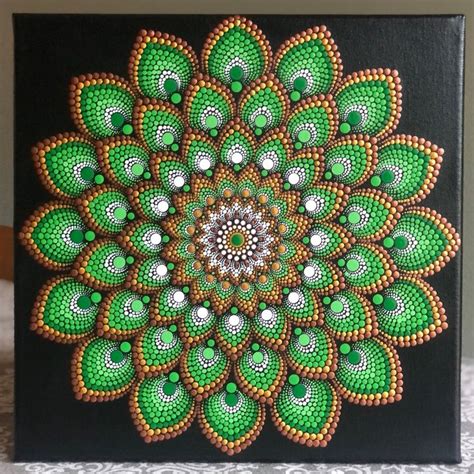 Blooming Vibrant Point Mandala Main Peinte Sur Toile Noire Tir E X