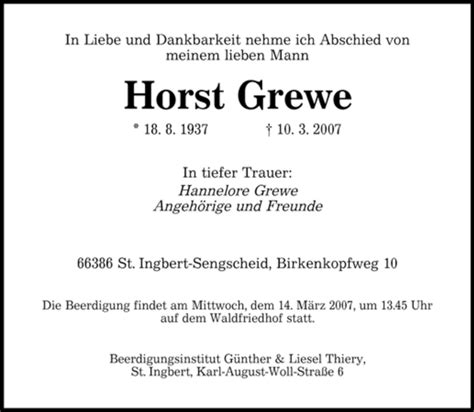 Traueranzeigen Von Horst Grewe Trauer De