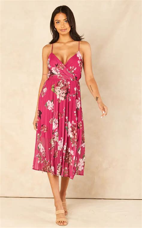 Floral Print Pleated Wrap Body Midi Dress Fuchsia Urban Touch