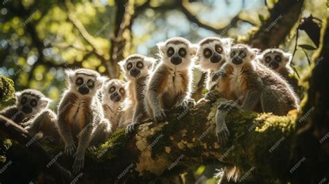 Premium Photo Group Of Ringtailed Lemurs Sitting On A Tree Branch